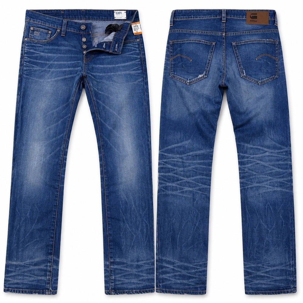 G-Star Raw 3301 Jeans Mens 32x32 Blue Cotton Denim Straight Button Fly Stretch